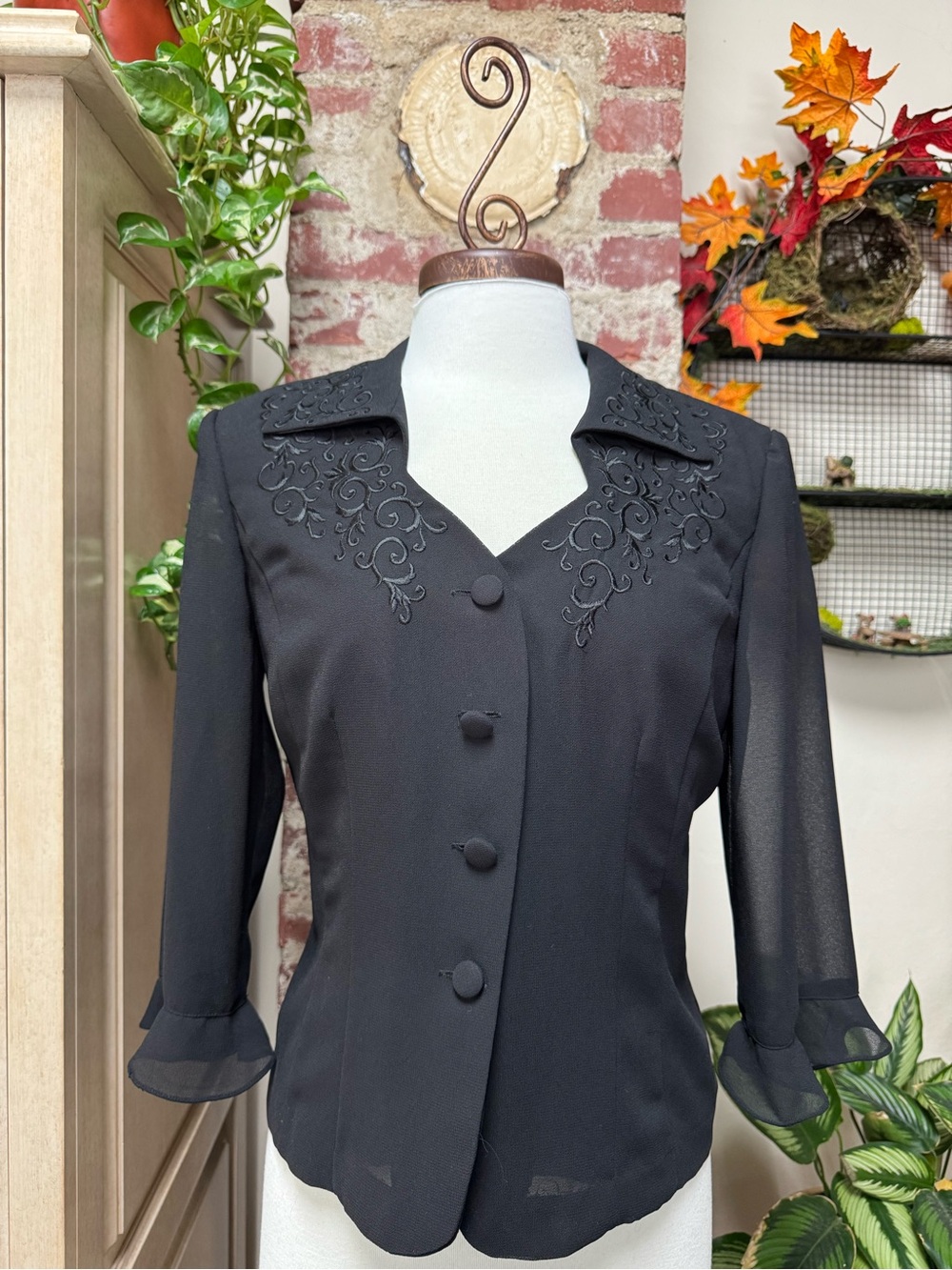 Vintage Y2K Whimsigoth Black Embroidered Floral Mesh Blouse Size 12P